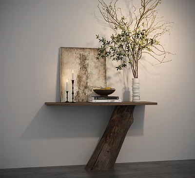 Wooden Console Table With Framed Artwork Candles Bowl Books And Vase With Branches 3d model