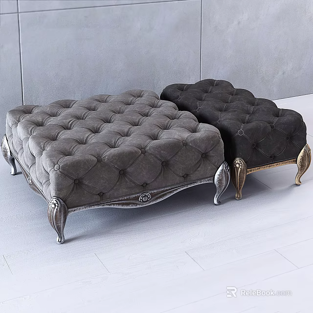 Elegant Gray and Black Ottoman with Velvet Upholstery and Decorative Metal Legs 3d model 