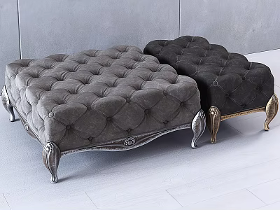 Elegant Gray and Black Ottoman with Velvet Upholstery and Decorative Metal Legs 3d model