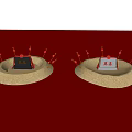 Architectural Components Featuring Circular Sand Bases Red Black Boxes Golden Text and Red Flags 3d model