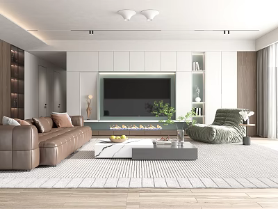 Modern Living Room Interior Design With Brown Sofa TV Wall And Green Plant 3d model