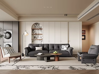 Modern Living Room Interior With Gray Sofa Coffee Table Bookshelf And Rug 3d model