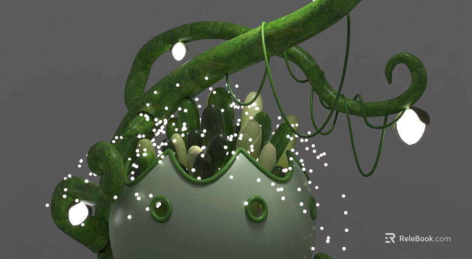 Cartoon Scene Green Vines Light Bulbs Pot With Eye Like Designs And Small White Lights 3d model 