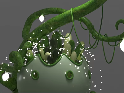 Cartoon Scene Green Vines Light Bulbs Pot With Eye Like Designs And Small White Lights 3d model
