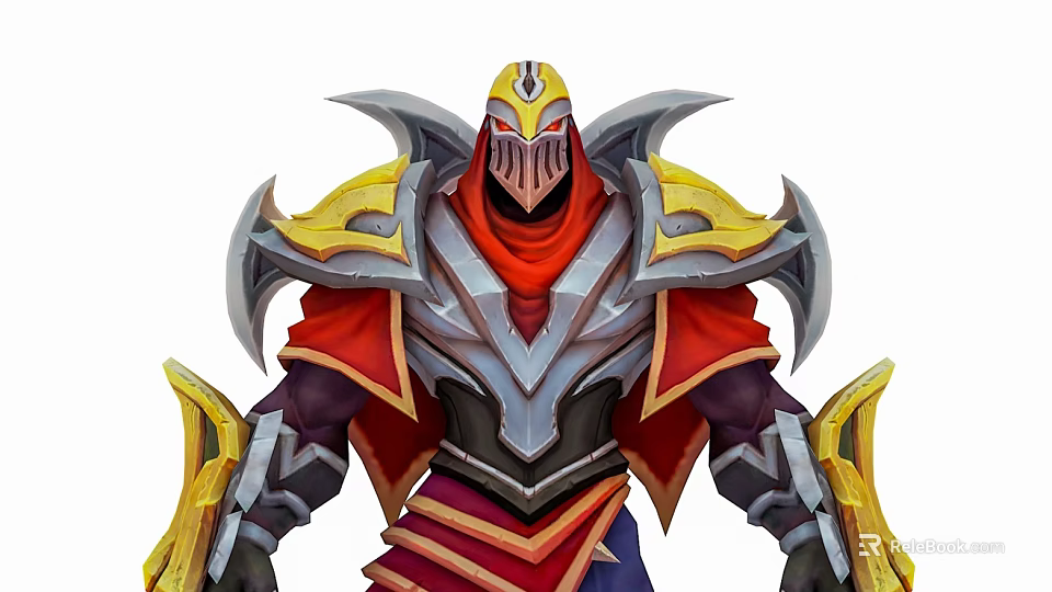 Fantasy Warrior Character Featuring Golden Spiked Armor Red Cape And Masked Helmet 3d model 