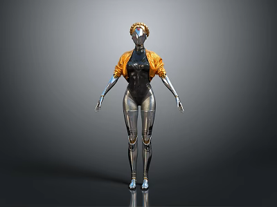 Female Robot Character With Silver Metallic Body Orange Jacket And Golden Head Decoration 3d model