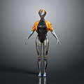 Female Robot Character With Silver Metallic Body Orange Jacket And Golden Head Decoration