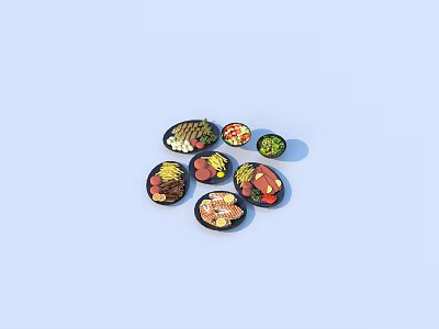 Assorted Delicious Food Dishes on Plates with Colorful Fresh Ingredients 3d model