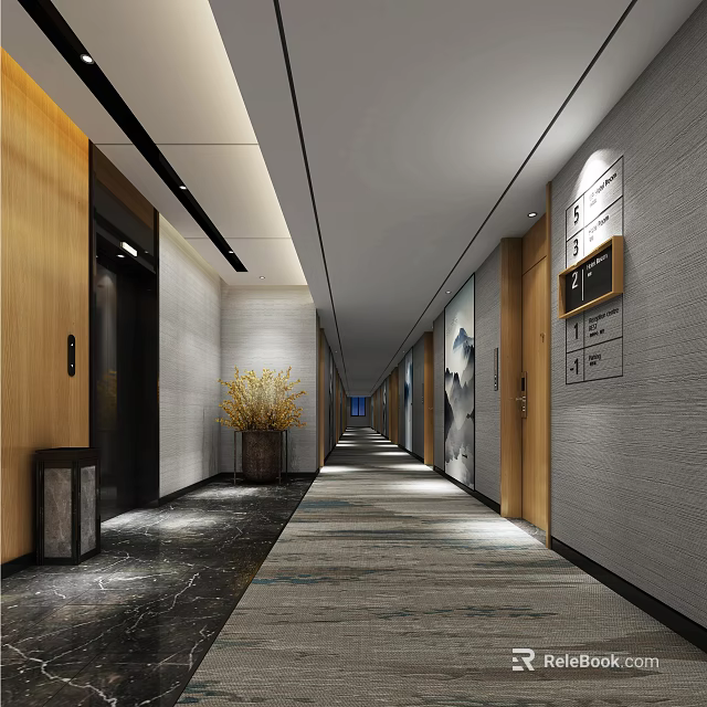 Modern Hotel Corridor With Long Carpet Wooden Doors Gray Walls And Decorative Plants 3d model 
