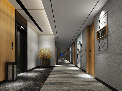Modern Hotel Corridor With Long Carpet Wooden Doors Gray Walls And Decorative Plants 3d model