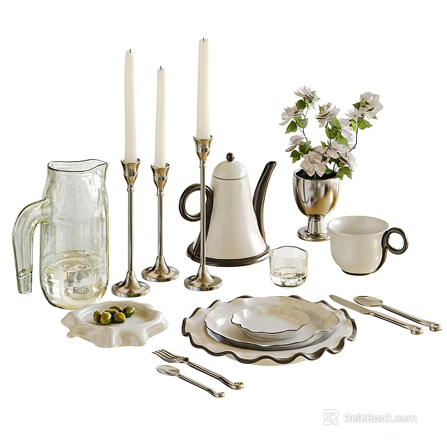 Elegant Dinnerware Set with Glass Pitcher Teapot Candle Holders Plates and Cutlery for Table Setting 3d model 