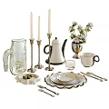 Elegant Dinnerware Set with Glass Pitcher Teapot Candle Holders Plates and Cutlery for Table Setting