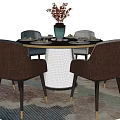 Modern Round Dining Table Set With Six Chairs Tableware And Decorative Rug 3d model
