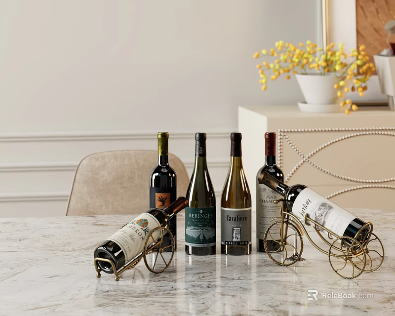 Wine Bottles and Glasses on Marble Table with Gold Racks and Decorative Vase 3d model 