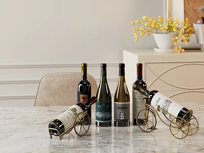 Wine Bottles and Glasses on Marble Table with Gold Racks and Decorative Vase 3d model
