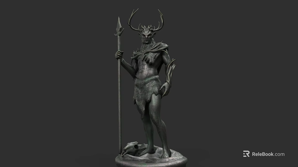 Elegant Fantasy Antlered Mythical Character Sculpture Holding Spear With Small Animal Companion 3d model 