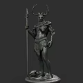 Elegant Fantasy Antlered Mythical Character Sculpture Holding Spear With Small Animal Companion