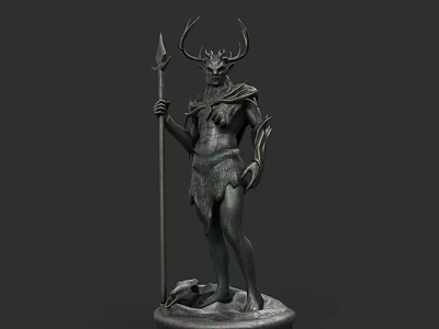 Elegant Fantasy Antlered Mythical Character Sculpture Holding Spear With Small Animal Companion 3d model