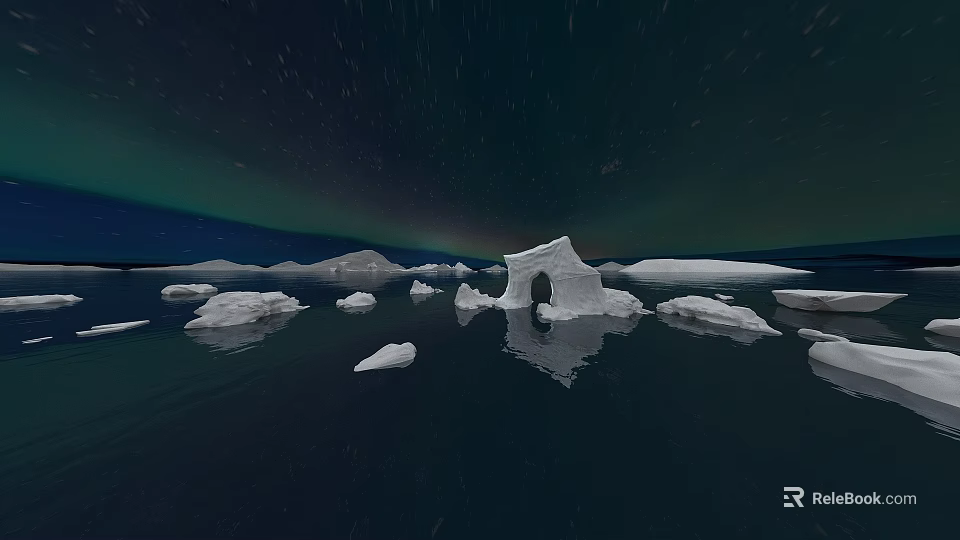 Majestic Arctic Night Landscape With Aurora Borealis And Floating Icebergs On Calm Dark Sea 3d model 