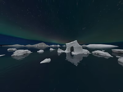 Majestic Arctic Night Landscape With Aurora Borealis And Floating Icebergs On Calm Dark Sea 3d model