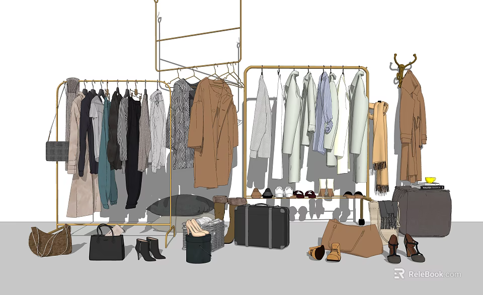 Clothing Racks with Hanging Coats Shirts and Accessories Including Shoes and Bags 3d model 