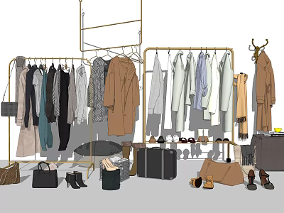 Clothing Racks with Hanging Coats Shirts and Accessories Including Shoes and Bags 3d model
