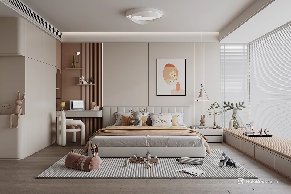 Modern Kids Room Interior With Bed Pillows Desk Chair Striped Rug Warm Toned Painting And Natural Light 3d model 