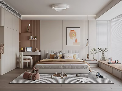 Modern Kids Room Interior With Bed Pillows Desk Chair Striped Rug Warm Toned Painting And Natural Light 3d model
