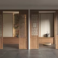 Chinese Wooden Carved Partition Interior With Intricate Patterns And Decorative Plant