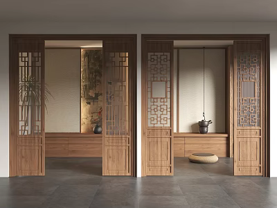Chinese Wooden Carved Partition Interior With Intricate Patterns And Decorative Plant 3d model
