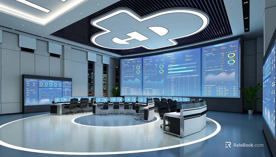 Modern Control Room With Multiple Screens Data Charts Dashboards And Operator Stations 3d model 