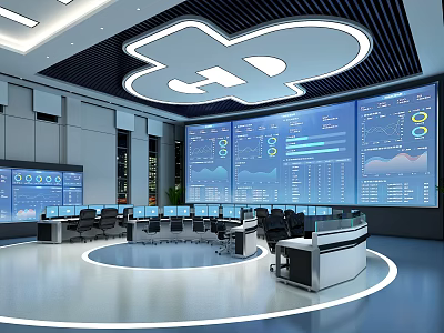 Modern Control Room With Multiple Screens Data Charts Dashboards And Operator Stations 3d model