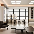 Modern Office Interior Design With Sofa Coffee Table Shelves And Floor to Ceiling Windows