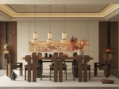 Elegant Chinese Modern Restaurant Interior With Wooden Dining Table Hanging Pendant Lights And Decorative Painting 3d model