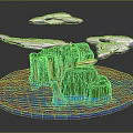 3D Rendered Cartoon Scene With Green Rock Formations And Transparent Floating Elements On Blue Circular Base
