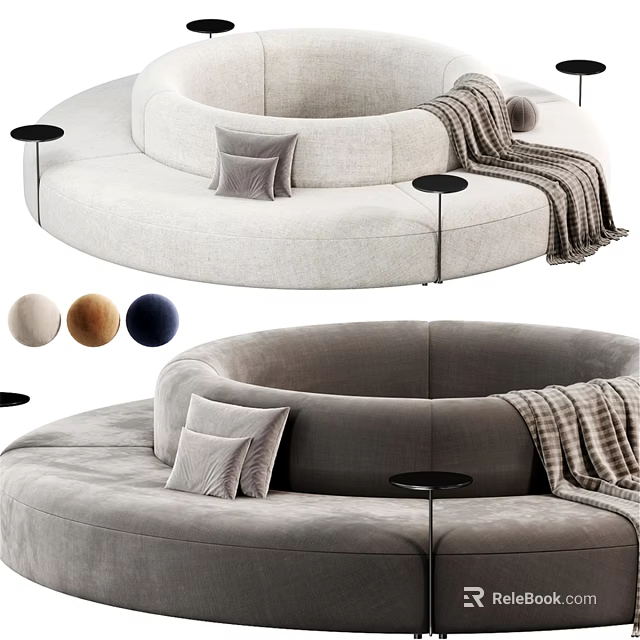 Two Seater Circular Velvet Sofa Upholstered Beige Gray With Pillows Throw Blanket Side Tables 3d model 