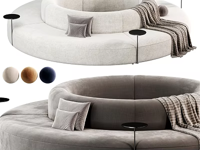 Two Seater Circular Velvet Sofa Upholstered Beige Gray With Pillows Throw Blanket Side Tables 3d model