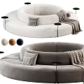 Two Seater Circular Velvet Sofa Upholstered Beige Gray With Pillows Throw Blanket Side Tables