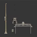 Industrial Metal Equipment Setup With Tall Pole Wheeled Machinery And Frame Platform