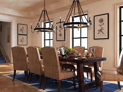 Rustic Dining Table Set With Upholstered Chairs Iron Chandelier And Framed Artwork 3d model