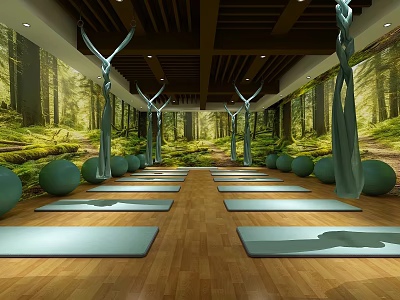 Serene Yoga Studio Interior With Forest Backdrop Wooden Flooring Yoga Mats And Balls 3d model