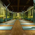 Serene Yoga Studio Interior With Forest Backdrop Wooden Flooring Yoga Mats And Balls