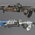 Futuristic Sci-Fi Weapons with Mechanical Design Brown Black Blue White Tactical Grips and Scopes