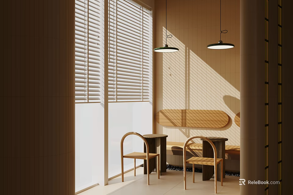 Warm Toned Interior Space With Window Blinds Wooden Tables Chairs And Pendant Lights 3d model 