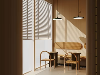 Warm Toned Interior Space With Window Blinds Wooden Tables Chairs And Pendant Lights 3d model