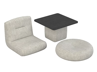 Light Colored Fabric Chair with Square Black Top Table and Round Pouf Set 3d model