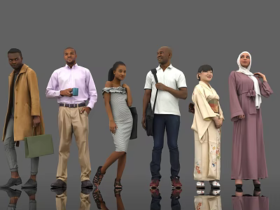 Diverse Group of People Standing Together in Different Traditional and Modern Outfits 3d model