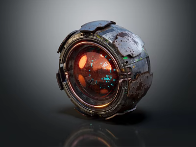 Smart Machine With Rusted Metal Spherical Structure And Red Glowing Core 3d model