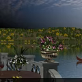 Scenic Lakeside View with Gondola Hillside Trees Blue Sky and Flower Vases on Terrace Table