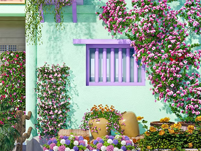 Vibrant Flower Beds and Planters with Pink White Vines Purple Window on Light Green Wall 3d model